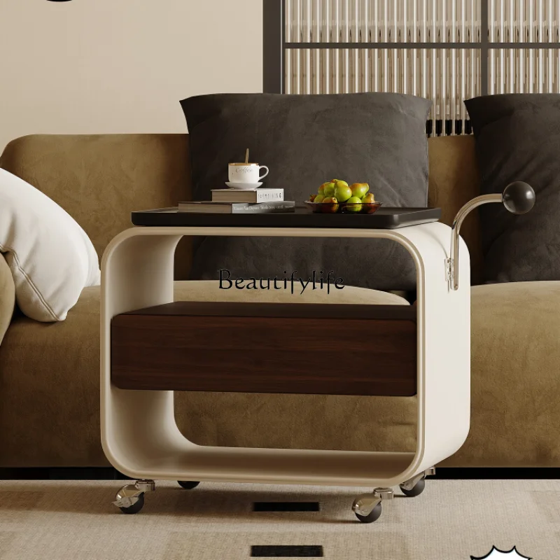 

French Retro Living Room Multi-Functional Side Table Movable Pulley Light Luxury High Sense Trolley