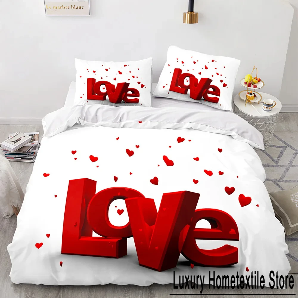 Love Duvet Cover Queen Heart Shaped Bedding Sets White Romance Polyester Comforter Cover for Women Men Boys Girls Teen King Size