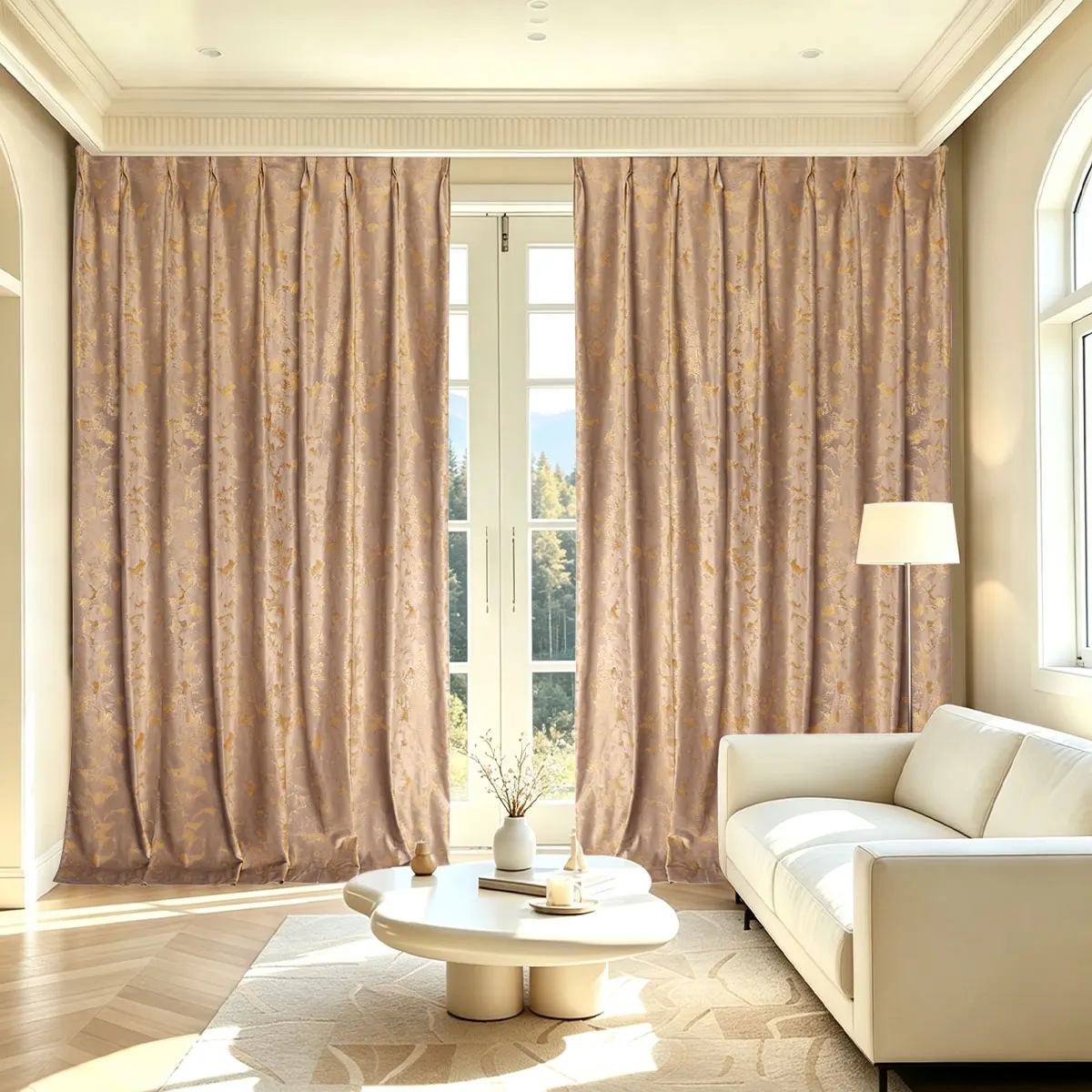 Coffee Color Velvet Gold Foil Pinch Pleat Curtains 2pcs, Vintage Floral Blackout Drapes for Living Room Bedroom