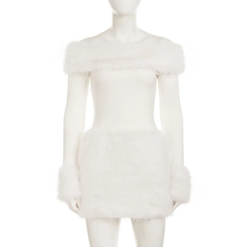 خريف شتاء فو الفراء المرقعة متماسكة Bodycon فستان قصير المرأة خريف شتاء مائل الرقبة قبالة الكتف كم طويل ملابس الشارع الشهير غير رسمية