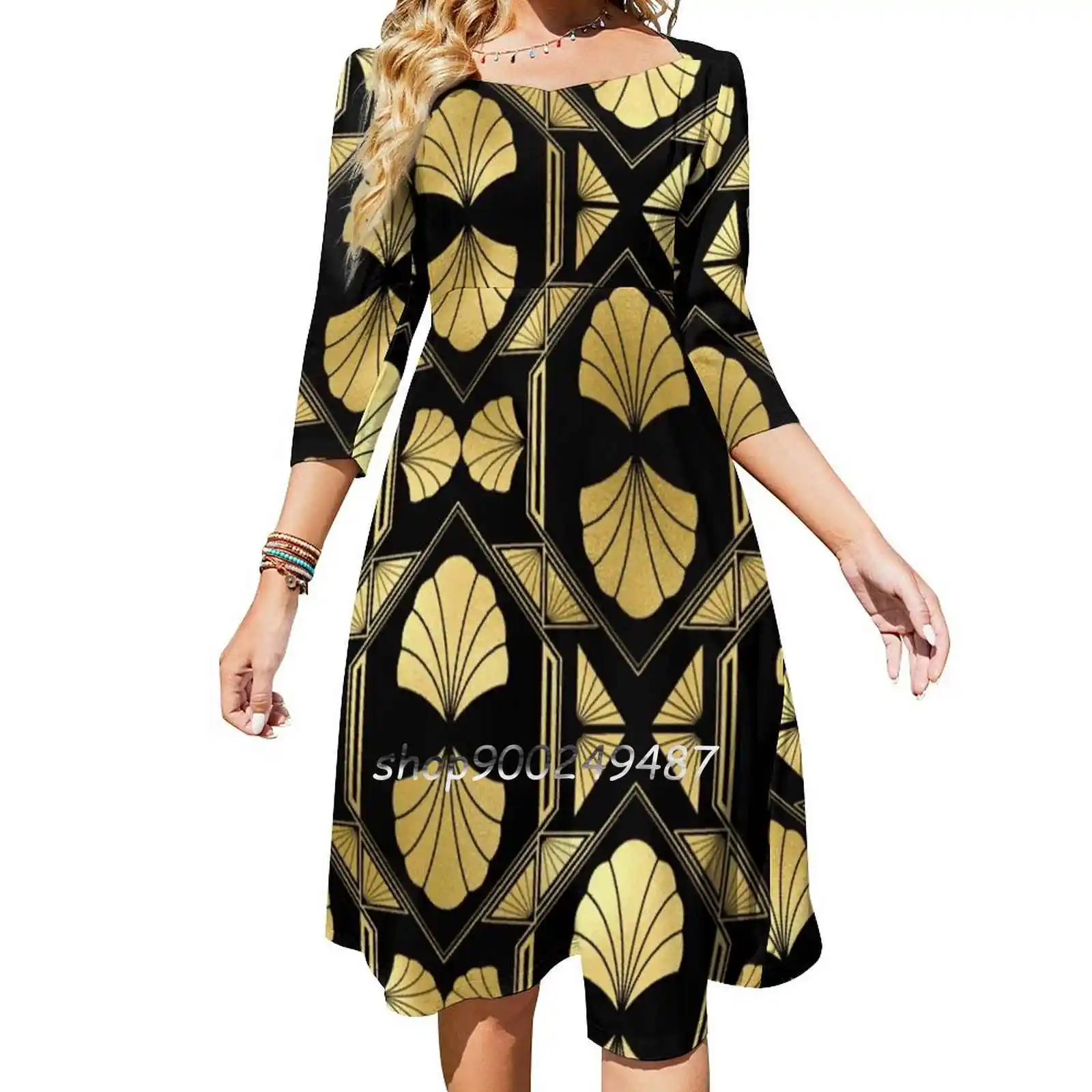 Exquisite Art Deco Gold-Colored And Black Pattern Sweetheart Knot Flared Dress Fashion Design Large Size Loose Dress Exquisite