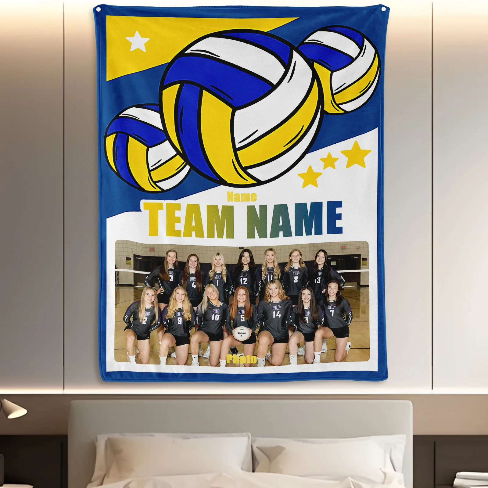 Custom Volleyball Blanket With Star Design In Yellow And Blue For Home Decor Piece Featuring Athletic Art Cozy Gift