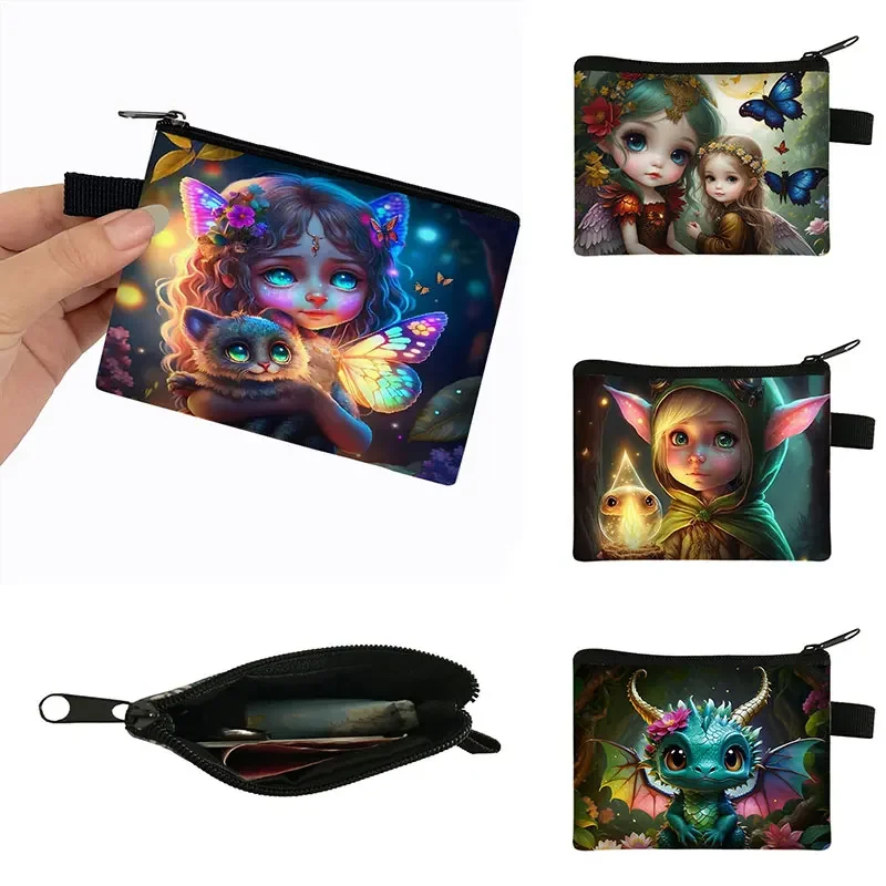 

Fantasy Elf Girl Print Coin Purse Gothic Girls Wallets Dragon Baby Credit Card Earphone Lipstick Bag Harajuku Money Holder Bags