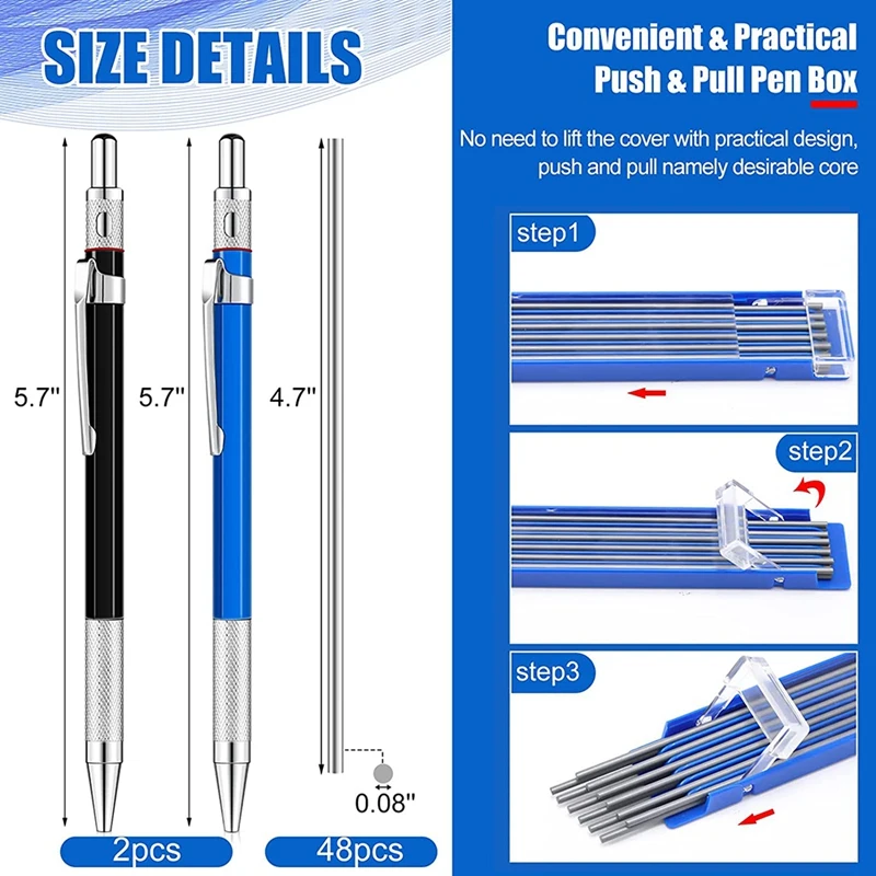 2Pcs Streak Welders Pencil With 48 PCS Round Refills For Pipe Fitter Welder Steel Construction Fabrication Woodworking