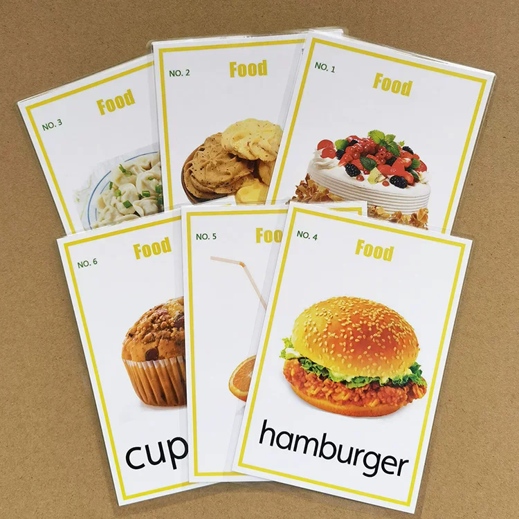 0-6ages 40pcs Food Vocabulary Color Picture Flashcards Kids Newborn Early Education Map Cards Teacher English teaching aids