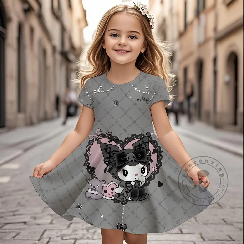 

Sanrio, летнее милое платье Куроми с героями мультфильмов для девочек, модное трендовое платье, детская повседневная стильная одежда с короткими рукавами, наряд