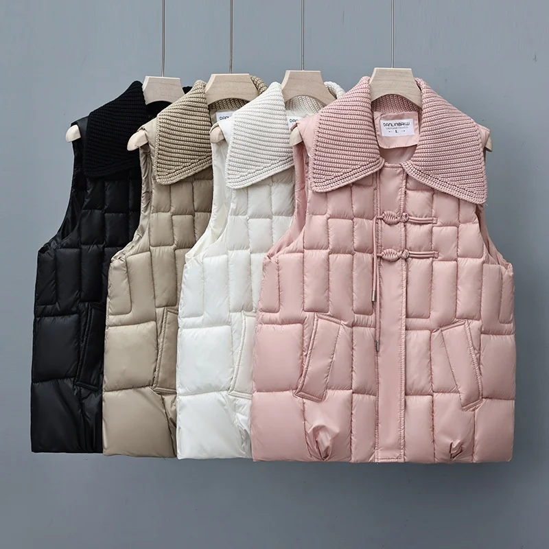 

New Short Knitted Cotton Vest Women's Fashion Korean Style Patchwork Collar Jacket Autumn Winter Clothes Flip Collar Top