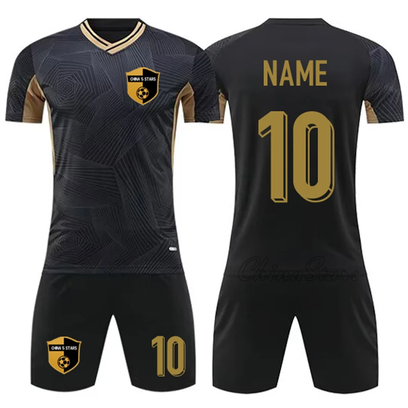 Customized Black Football Jerseys with Gold Color For Men Women Wear, Polyester Breathable Youth College Soccer Shirt Shorts