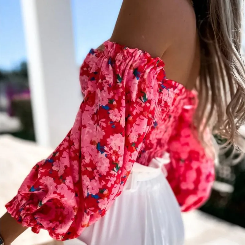 Women\'s Sexy Shirt 2024 Summer Off Shoulder Floral Blouses Women Boho Fashion Backless Blouse Female Holiday Folds Tops Clothing