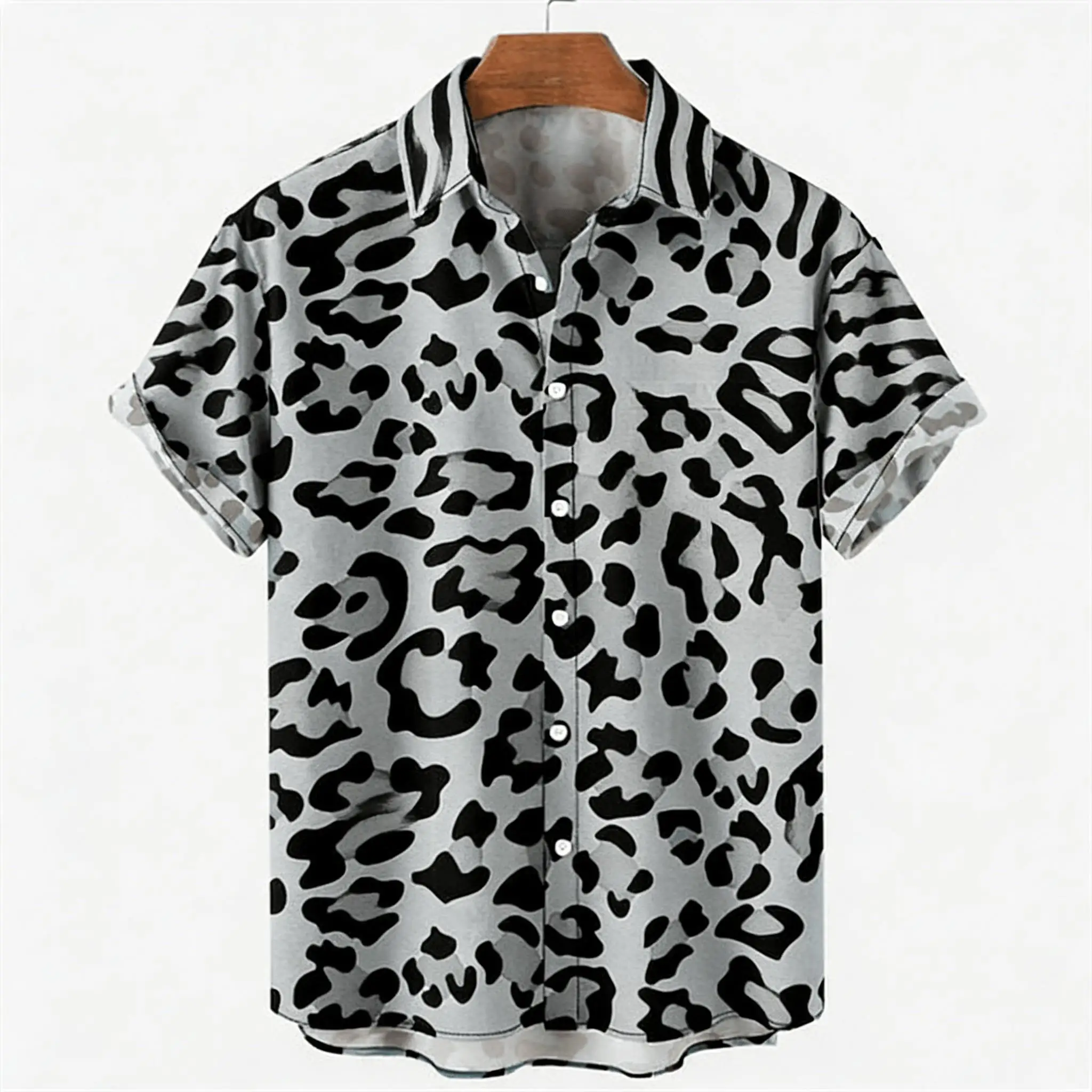 

Men's Grey Leopard Print Short Sleeve Shirt, All Over Black Spot Pattern Button Down for Spring Summer Casual