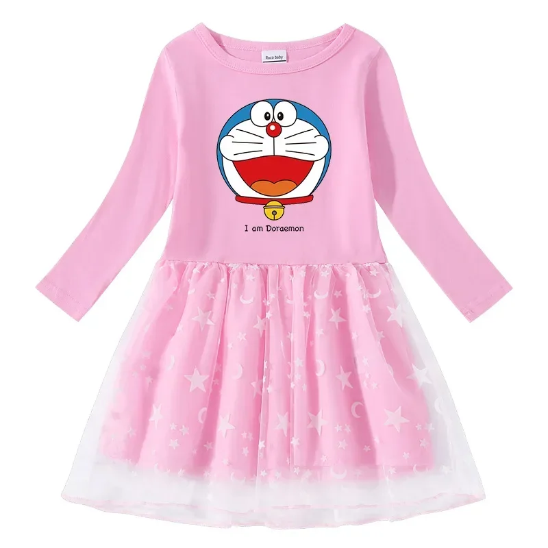 Doraemon 2022 Spring and Autumn New Cross-border Girls Dress Cotton Print Cartoon Star Moon Mesh Long Sleeve Princess Dress