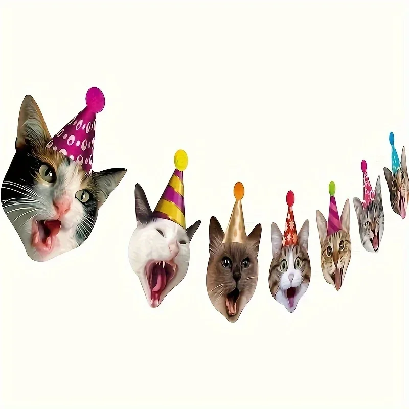 Lustiges Katzen-Gesicht Geburtstagsbanner Partyhut Kätzchen-Kopf Girlande Wimpelkette für Kinder Haustier-Geburtstagsparty Wanddekoration