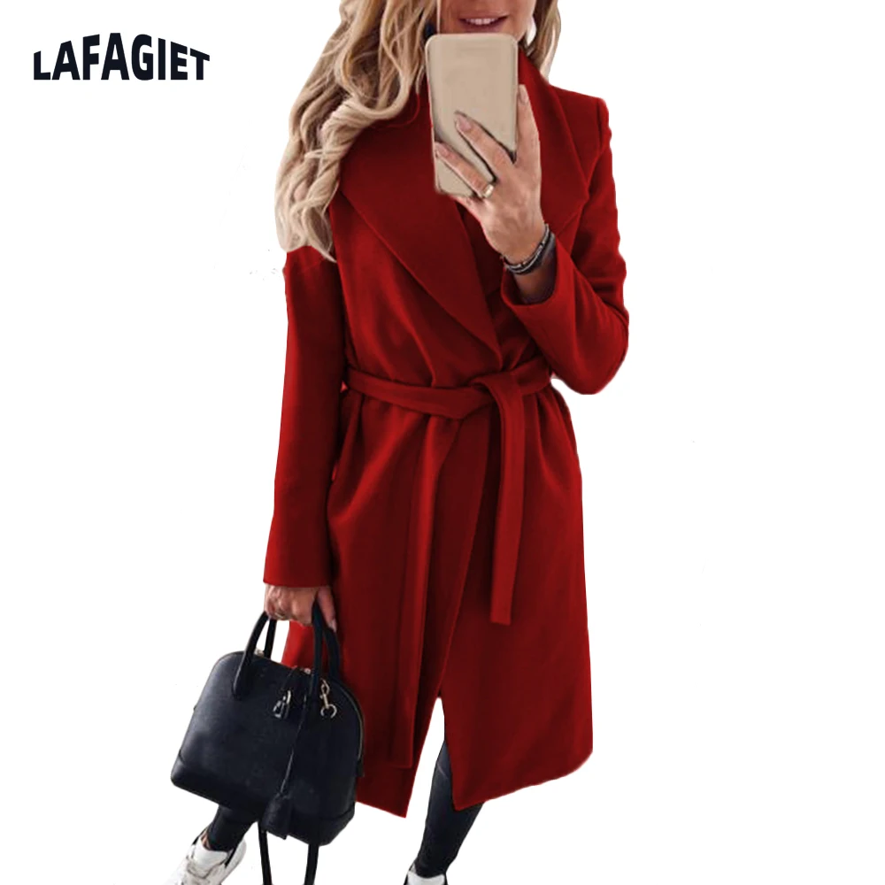 Women Coat Autumn Winter Lapel Woolen Cloth Trench Jacket Long Overcoat Outwear Veste Female Long Sleeve Blazer Jacket New