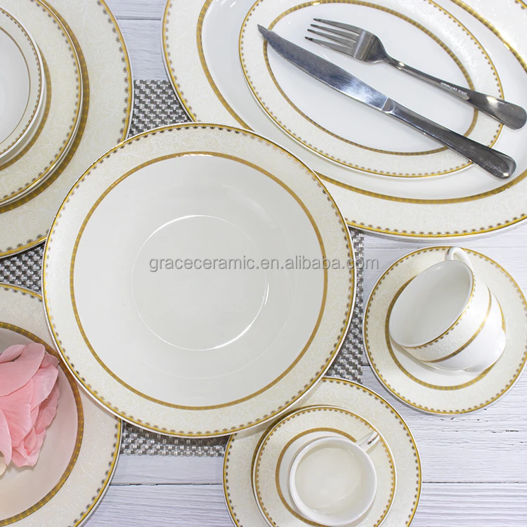 Tableware OEM Competitive Price 12 Pcs Luxury Decal Fine Bone China Dinner Set Wedding Dinnerware Set12 Piece White Gold Rim