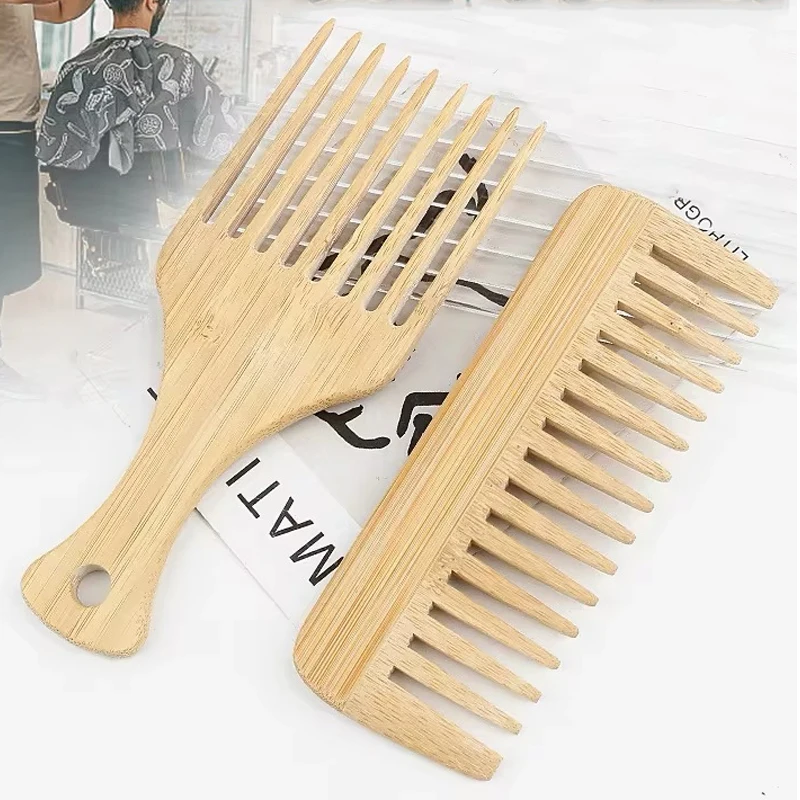 2 sztuki / zestaw Naturalny bambusowy drewniany grzebień Antystatyczny grzebień Afro Grzebień do brody Mężczyźni Kobiety Antystatyczny drewniany grzebień do włosów Stylizacja włosów C