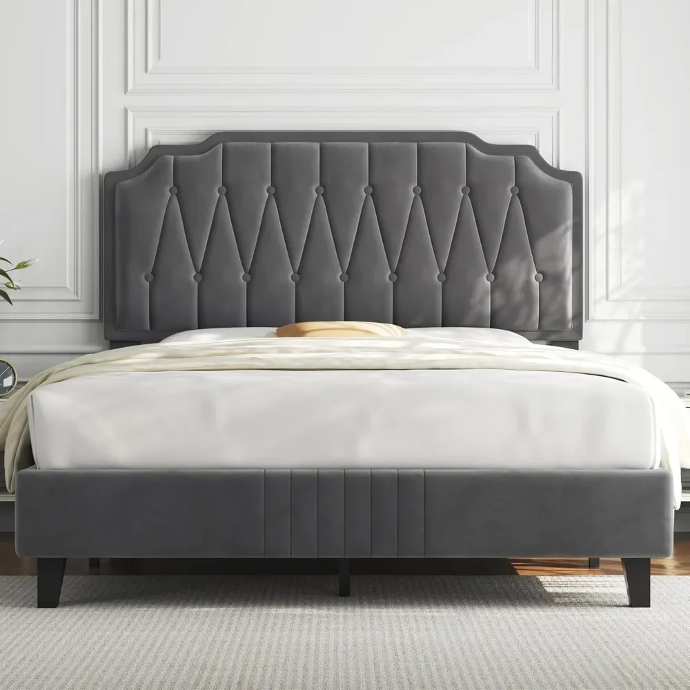 

Full Bedstead Velvet Cushion Platform Bed with Curved Headboard, Height Adjustable Headboard/noiseless/wood Flat Noodles Support