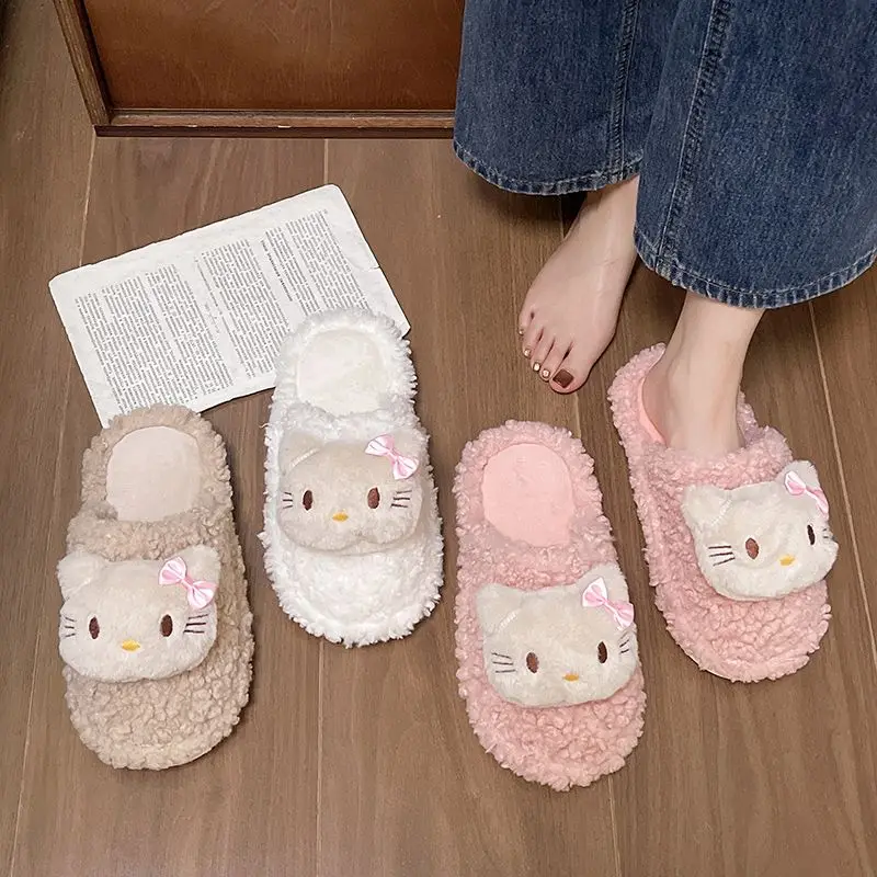 Cartoon Cute Hello Kitty Plush Slippers Flat Bottom Home Baotou Cotton Slippers Comfort Keep Warm Women Slippers Birthday Gift