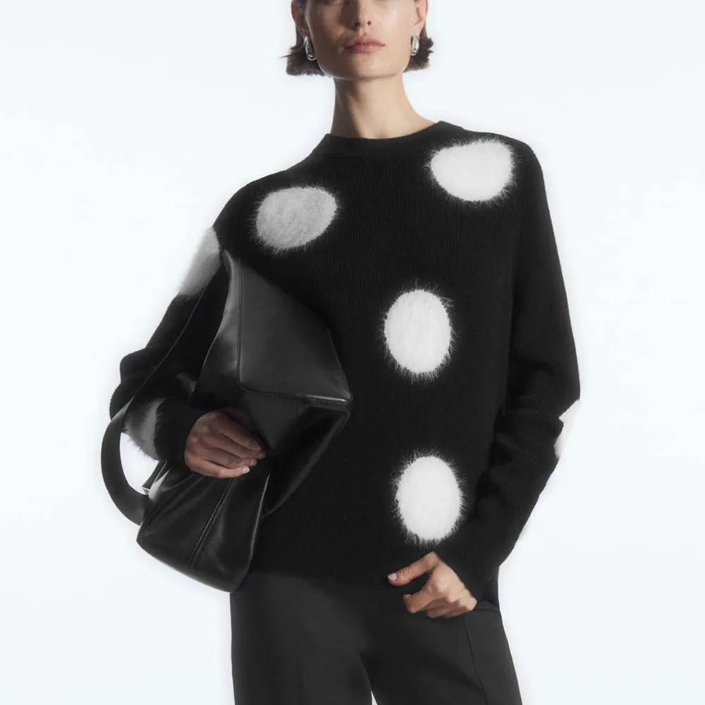 

2024 Spring New Women's Sweater Y2k Wool Blend Polka Dot Color Clash Round Neck Long Sleeve Knit Top Fashion Hundred Pullover