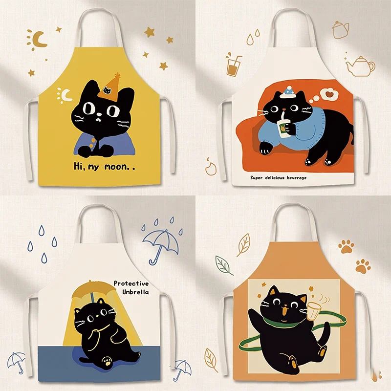 

Cute Black Cat Print Apron Women Men Peach Skin Kitchen Cooking Baking Pinafore Kawaii Cartoon Animal Sleeveless Bib Home Decor