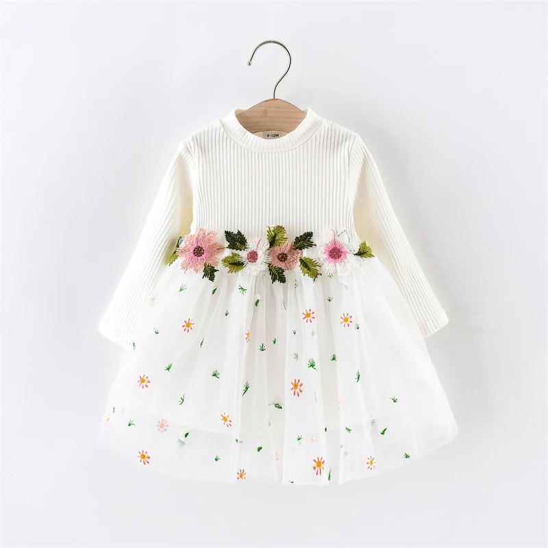 Spring and Autumn Children\'s Dress Girls\' Long Sleeve Round Neck Waist Embroidered Splicing Chiffon Dress