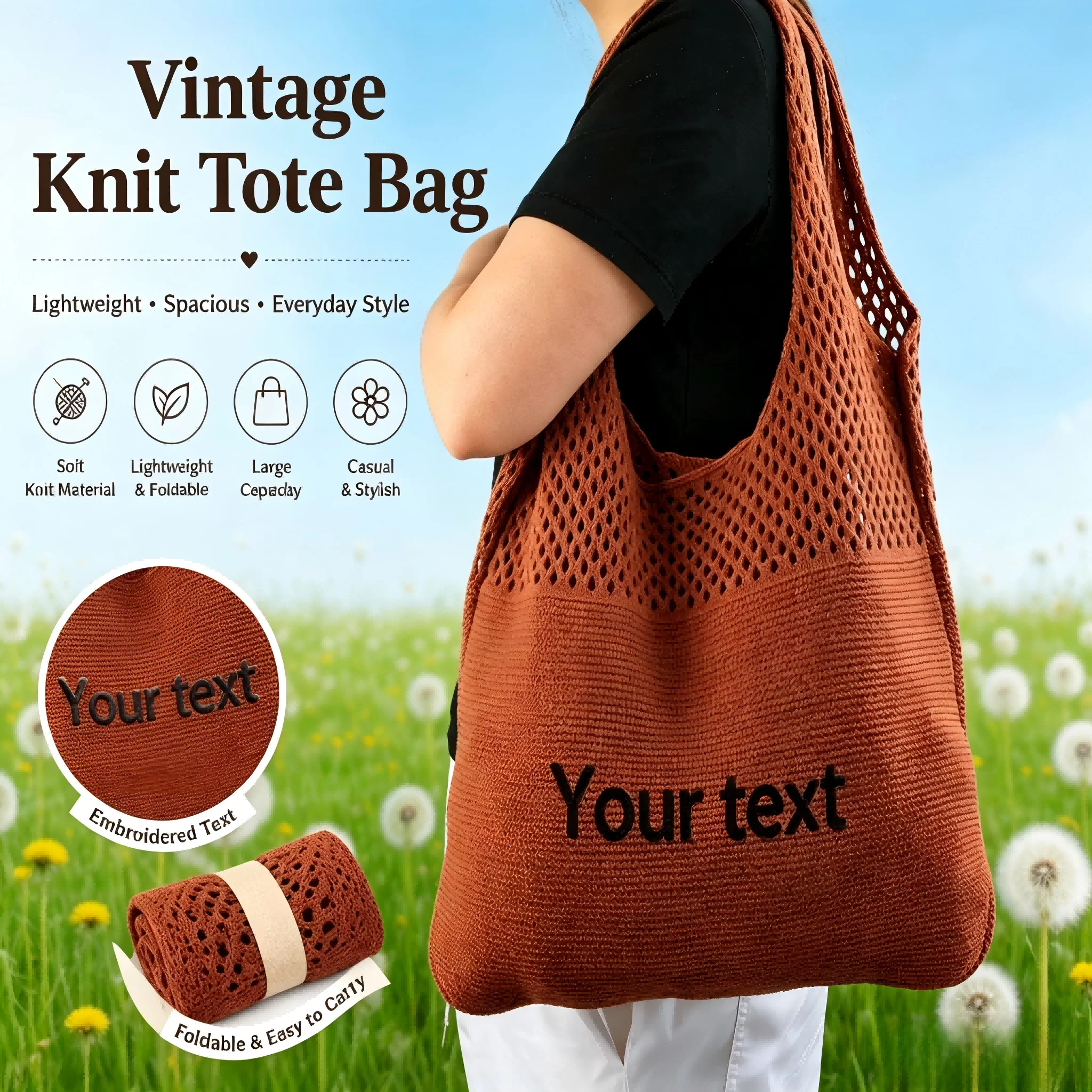 Personalized Embroidered Name Knit Tote Bag Custom Text Retro Woven Handbag Minimalist Crochet Shoulder Bag for Women Daily Use