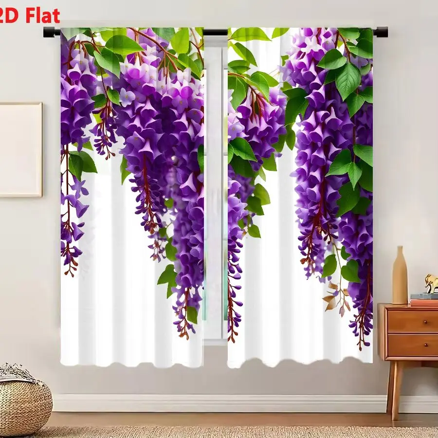 2 cortinas con flores de glicinia planas en 2D, flores moradas en forma de campana, racimos en cascada de hojas verdes, tallos rojizos, exuberantes y coloridos