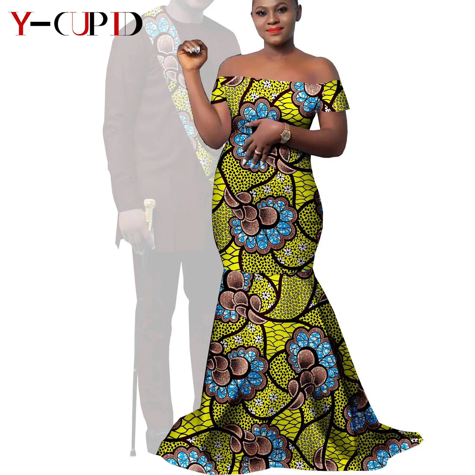 African Clothes for Couples Bazin African Print Long Dresses for Women Match Men Outfits Dashiki Top and Pants Sets Y22C023
