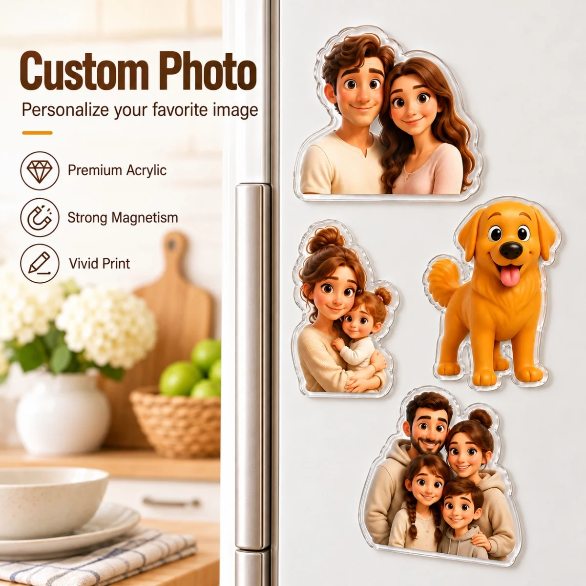 A customizable photo acrylic fridge magnet—perfect for home decor, adding a cozy touch, and serving as a unique gift.
