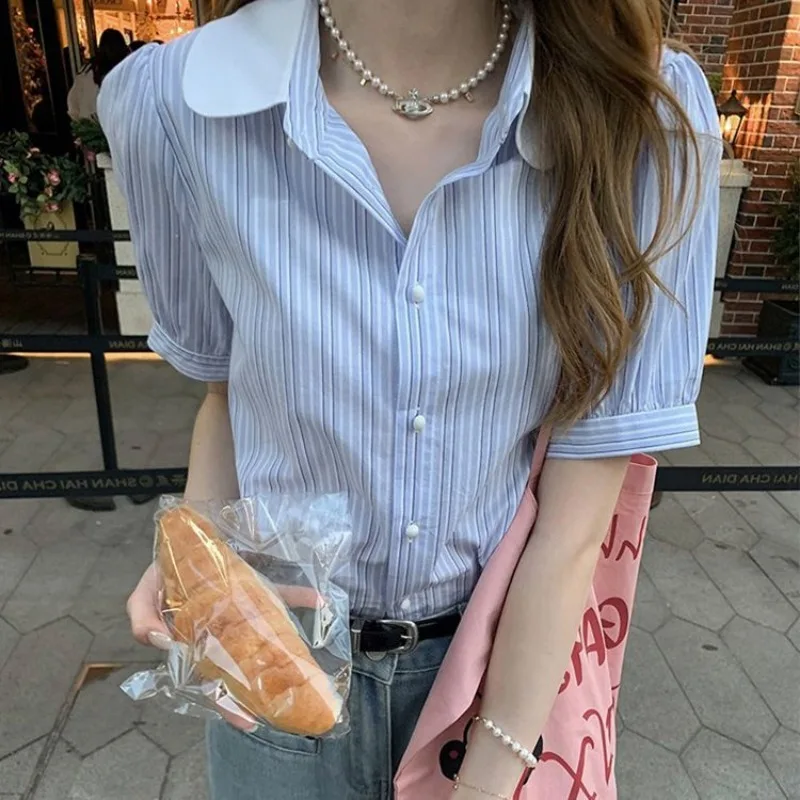 

Women Summer Simplicity Striped Office Lady Polo Collar Short Sleeve Shirts Ladies Fashion Loose Sweet All-match Casual Tops