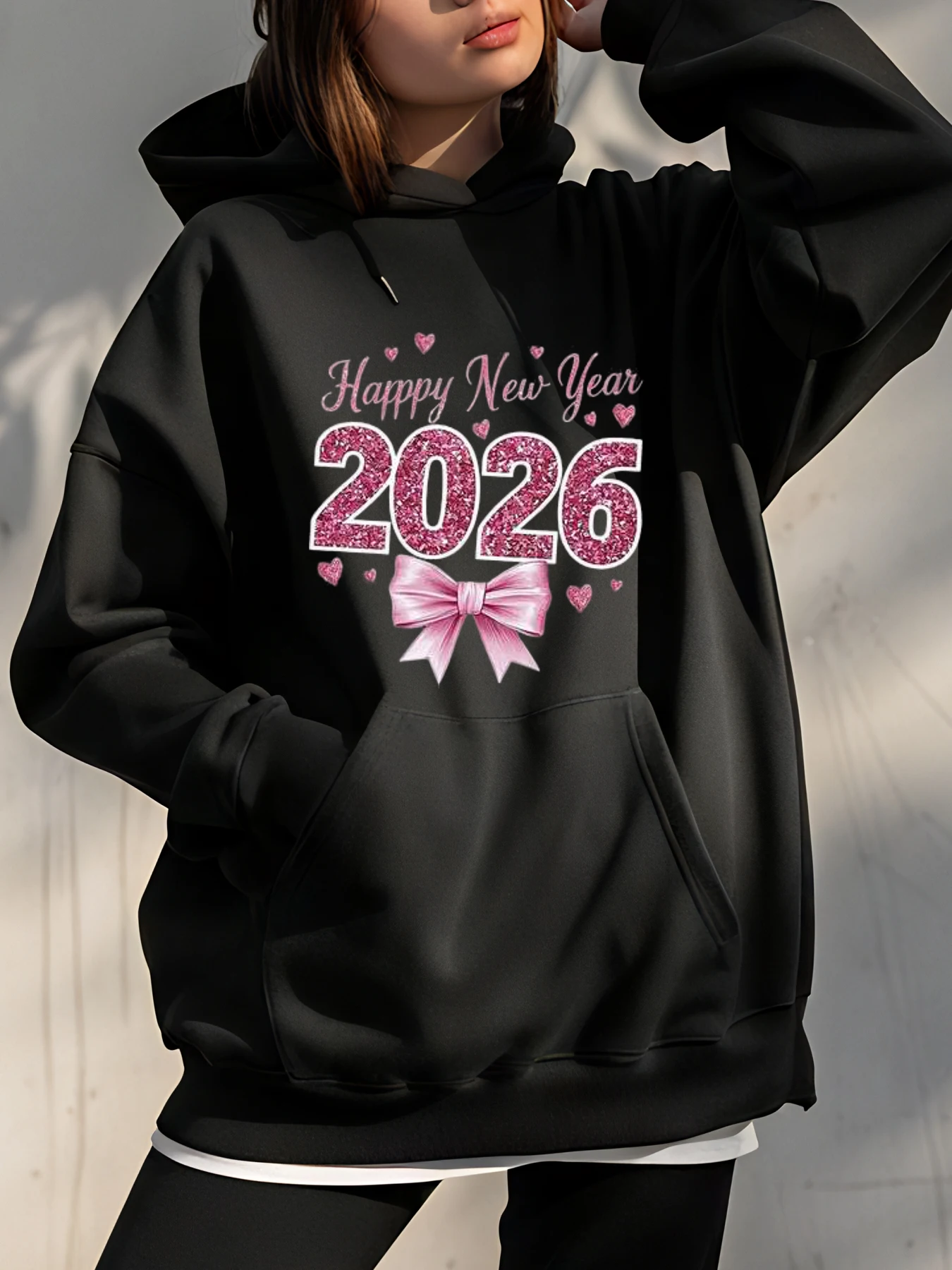 

С Новым годом 2026, блестящая толстовка с розовым бантом и принтом, женская повседневная модная толстовка, зимняя верхняя одежда, женская уличная одежда в стиле