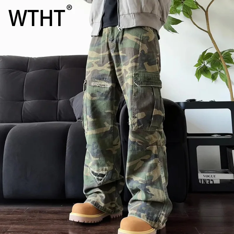 

WTHT Vintage 2025 Summer Men Camouflage Pocket Patchwork Cargo Denim Pant Fashion High Street Straight Wide Leg Jean Male 2A0629