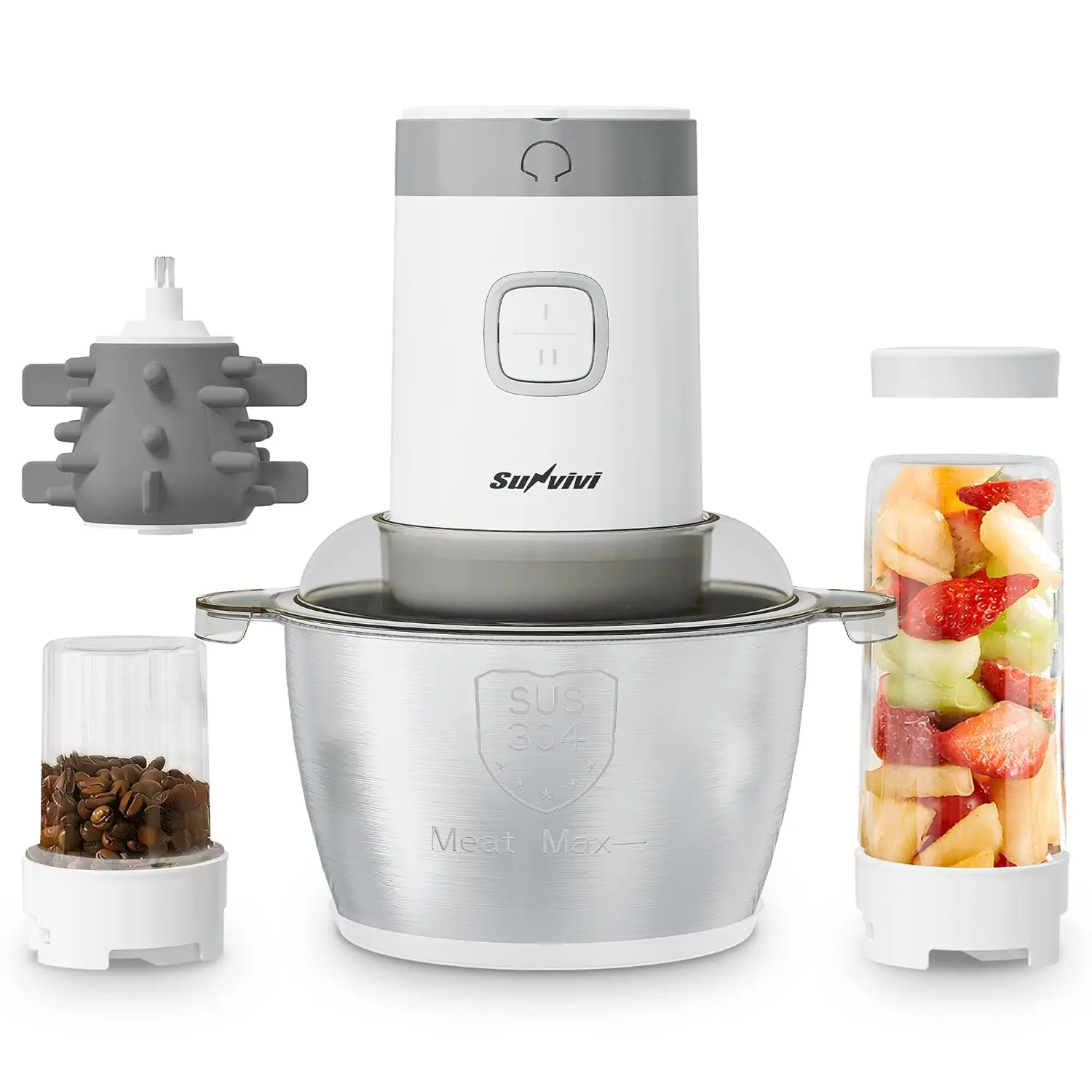 

4-in-1 Electric Blender & Food Processor: Grind, Juice, Peel Garlic with 350W Motor, 1.8L Bowl & 2 Cups, White