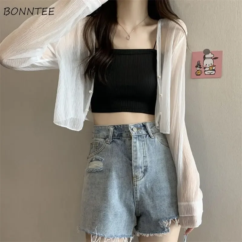 

Shirts Women Korean Style Crop Tops High Street Fashion Loose All-match Solid Simple Sexy Club Ladies Open Stitch Designed Chic