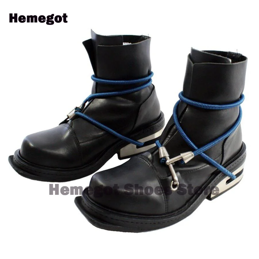 Retro-Stiefel mit quadratischer Zehenpartie, mit Draht umwickelt, mittelhohe High-Top-Chelsea-Booties, Metall-Arbeitskleidung mit dicken Sohlen, kurze handgefertigte Stiefel