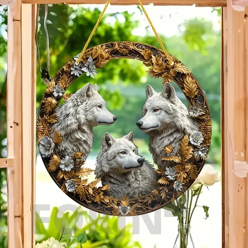 Snow Wolf Suncatcher,round Acrylic Translucent Stained Window Hanging,Holiday Gift,Office,Garden,Club,Man Cave,Spooky Home Decor
