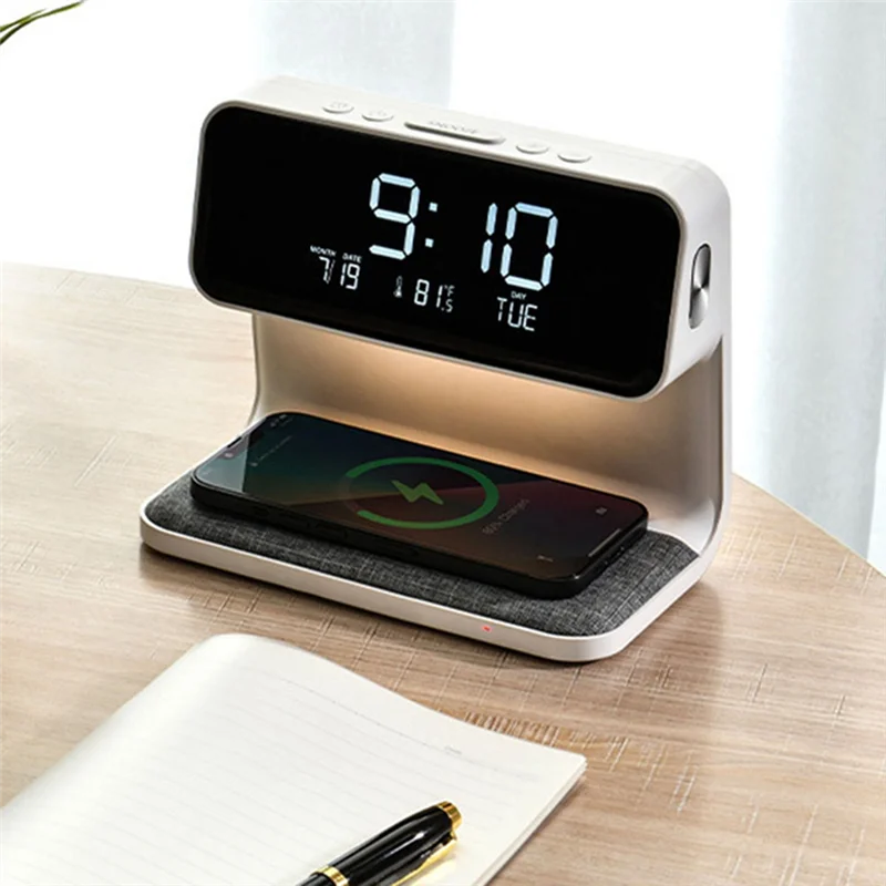 

Calendar Clock Temperature Display Integrated Light Mobile Phone Induction Charging Night Light Easy To Use (US Plug)