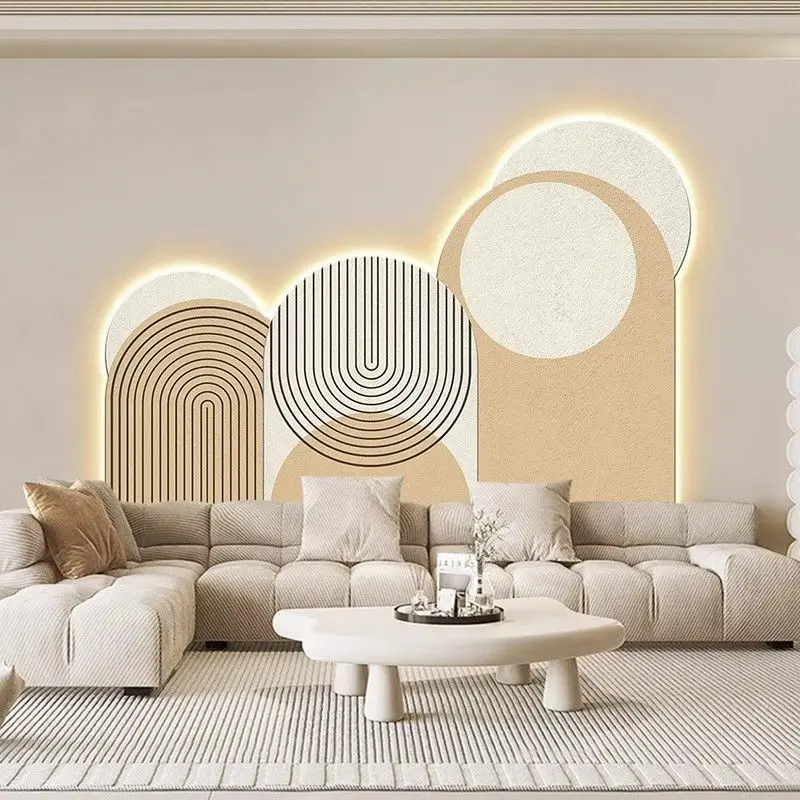 

Cream style oil painting entrance door art Deco with LED mural sofa background, high-end atmospheric wall murals