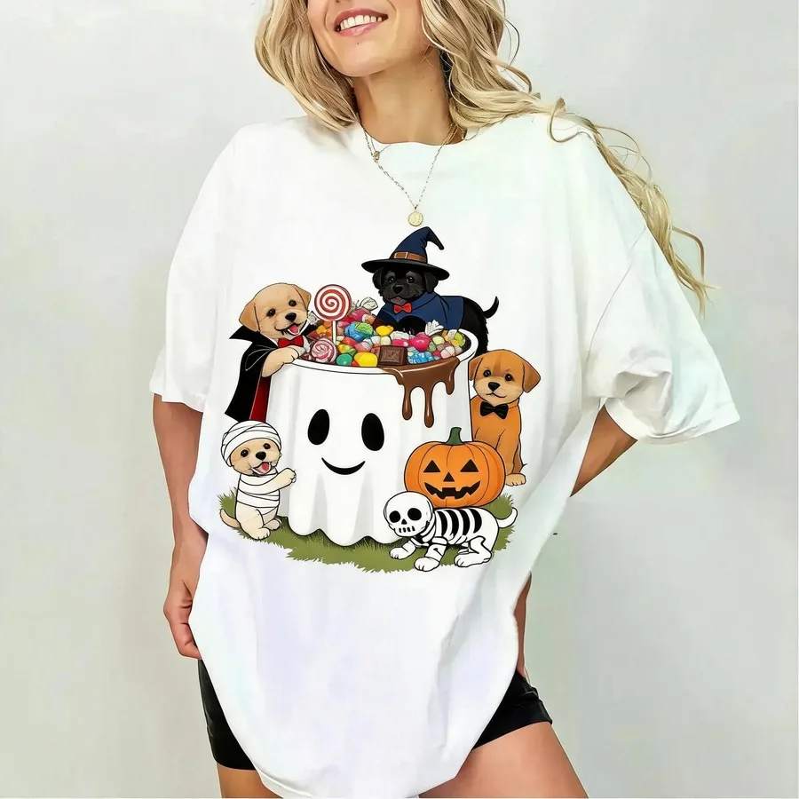 Halloween Novelty Apparel T‑Shirt Halloween Puppy Ghost Crew Neck Short Sleeve Vacation Back To School Casual Graphic Tops
