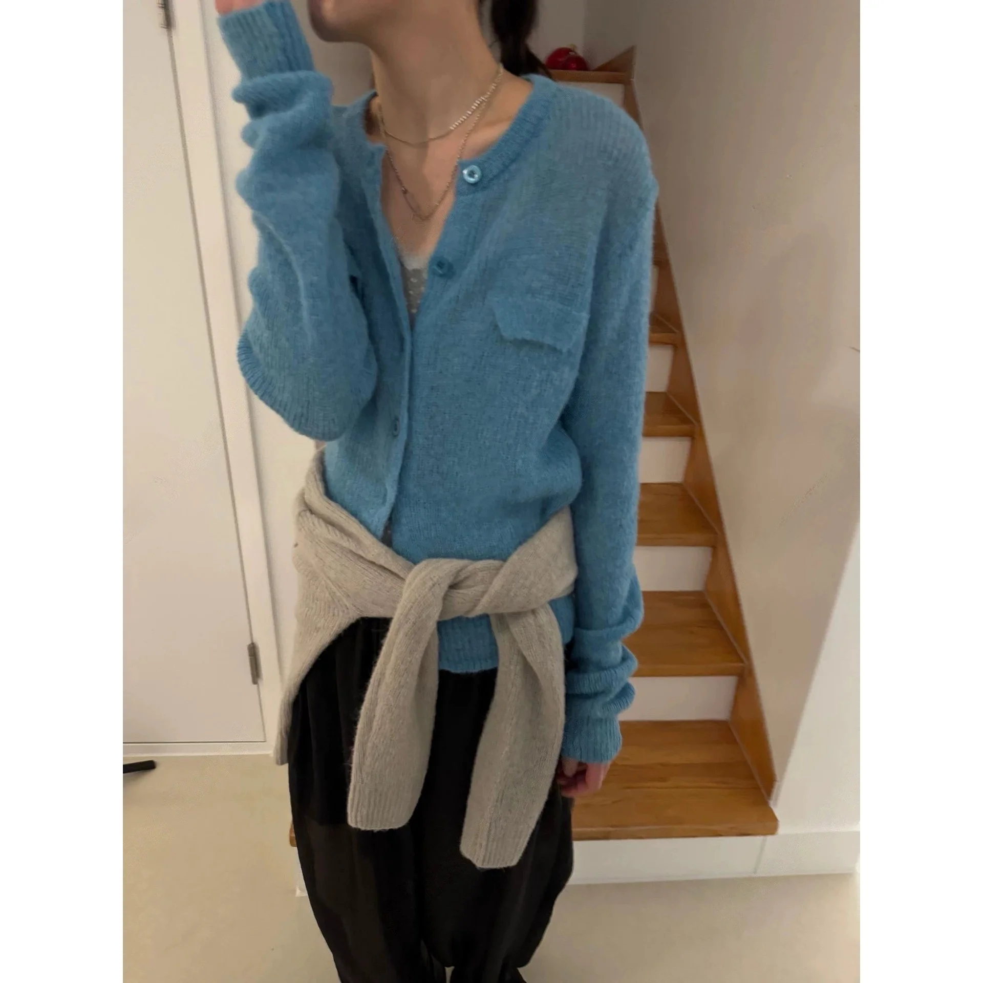 

Winter 2025 Dongda Gate Net Version Single Button Long Sve Knitted See tough Open Cardigan Women's Nylon Knitwear