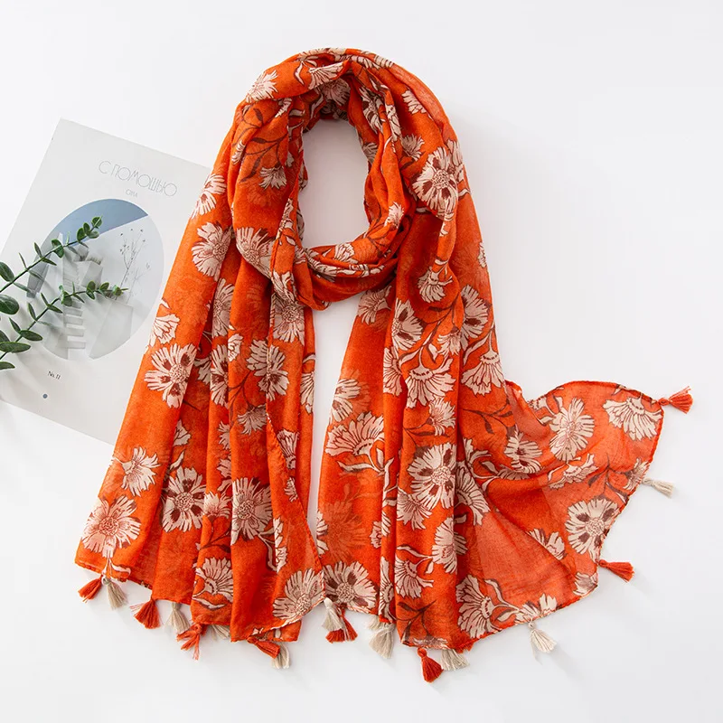 Voile Fringe Scarf with Geometric Print - Vintage Sun Protection Shawl for Women Travel Fashion Wrap