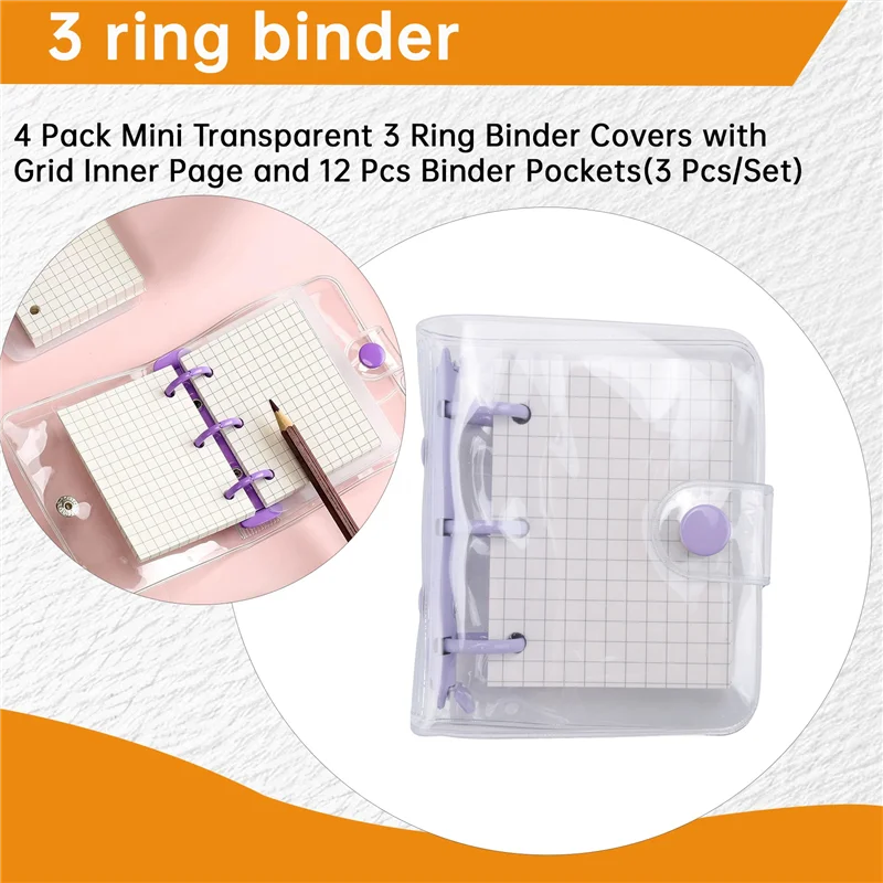 

JIULIN 4 Pack Mini Transparent 3 Ring Binder Covers With Grid Inner Page And 12 Pcs Binder Pockets(3 Pcs/Set)