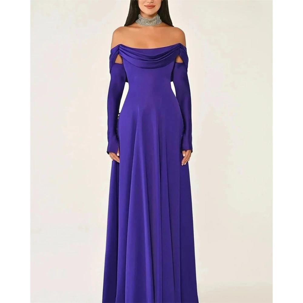 Fioletowa Sukienka Wieczorowa Szyta na Miarę z Dżerseju, Odkryte Ramiona, Długi Rękaw, Elegancka Sukienka na Imprezę dla Kobiet, Krój A-Line, Długa do Podłogi, Suknia na Bal