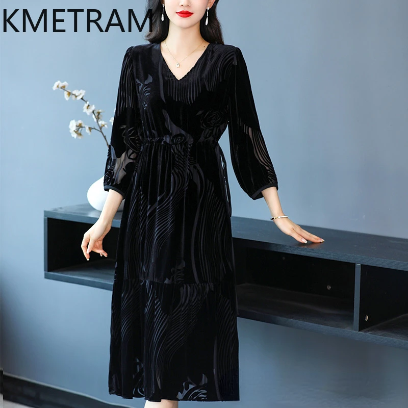 KMETRAM 100% Mulberry Silk Dress Luxury Party Long Sleeve Dresses Golden Velvet Women Clothing 2024 Summer Black Dress Vestido