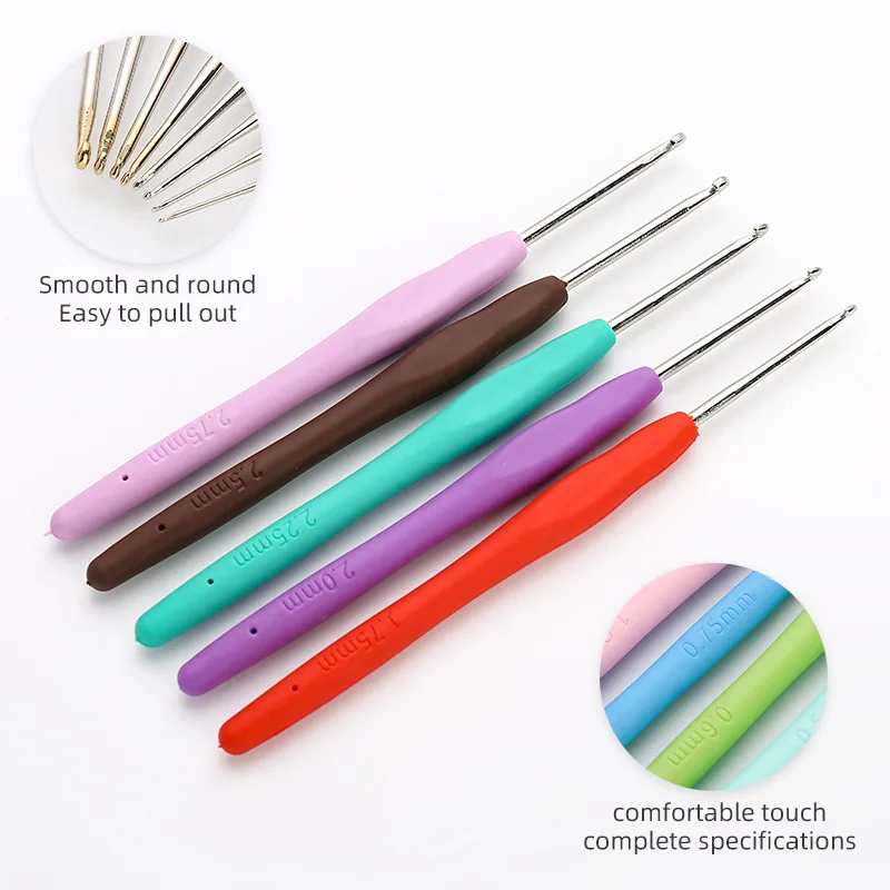 Colorful TPR Crochet Hooks Kits Soft Handle Aluminum Crochet Needle Lace Yarn Weave Fine Head Knitting Needles Set Weaving Tools