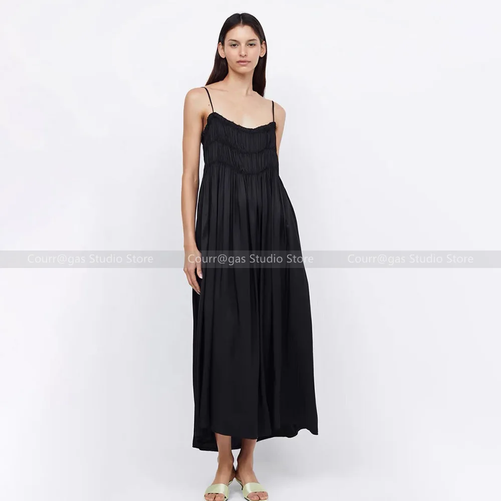 

Sexy simple niche elastic embossed pleated waist casual loose holiday style suspender long skirt