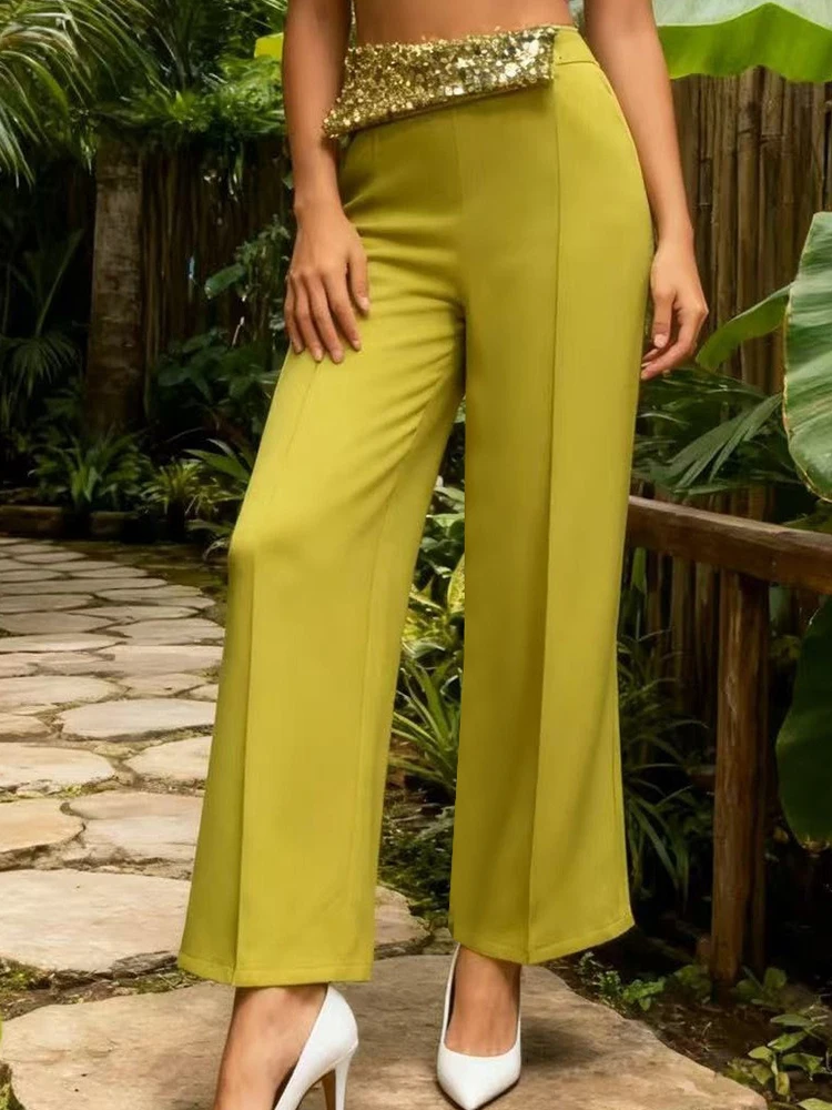 Pantalon droit à poches de couleur unie pour femmes, élégant, décontracté, Simple, Long de fête, mode paillettes épissées, taille haute, nouvelle collection