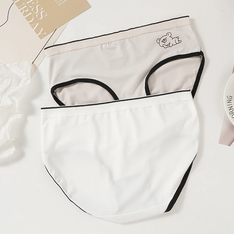 Pregnancy Soft Breathable Underwear Solid Color Cute Bear Contrast Color Hemming Pure Cotton Mid-waist Maternity Panties