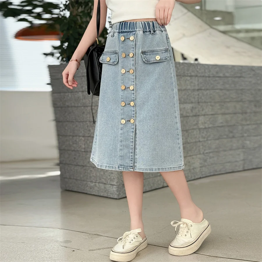 Elegant Children Summer Long Denim Skirt with Buttons for Girls Stylish Streetwear Bottoms Tweens Kids Casual Jeans Skirt 5-14T - view 5