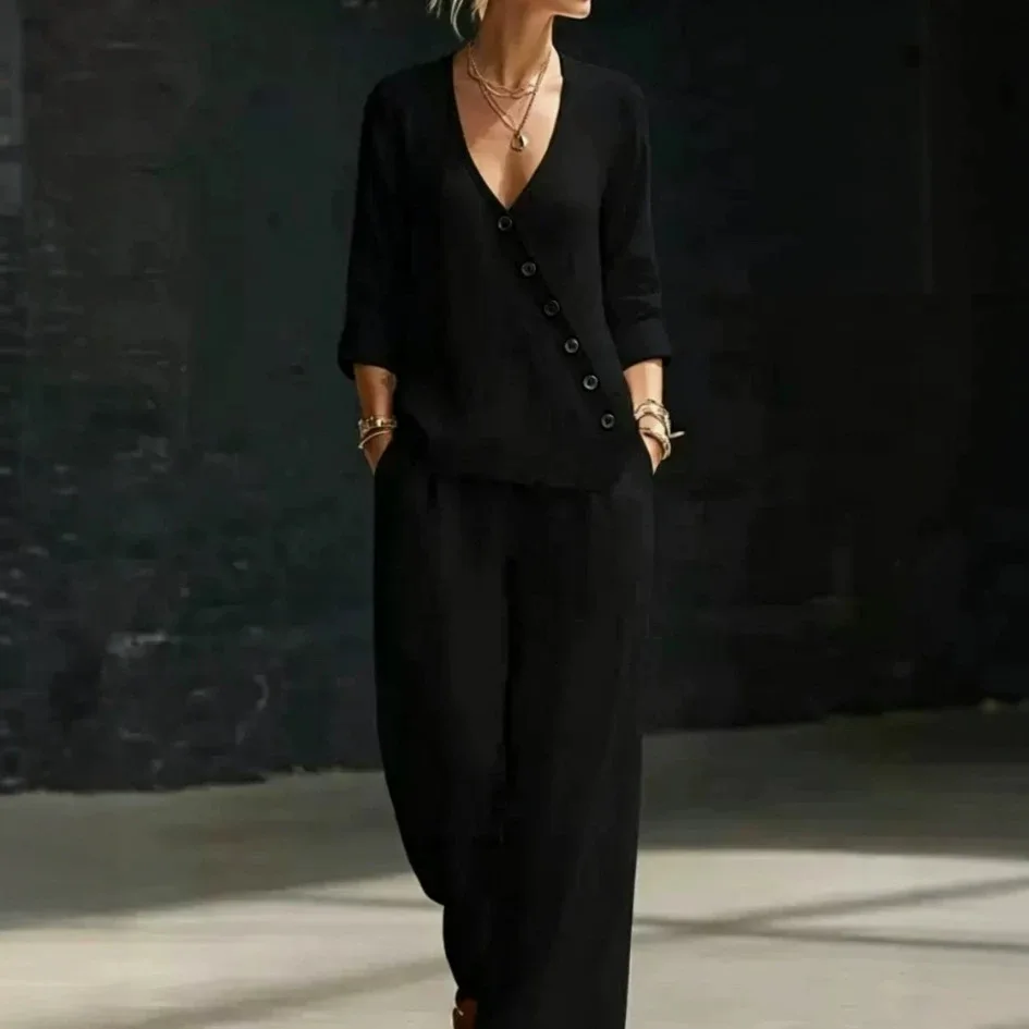 Spring Autumn Women's Minimalist V-Neck Diagonal Button Shirt Wide Leg Pants Set