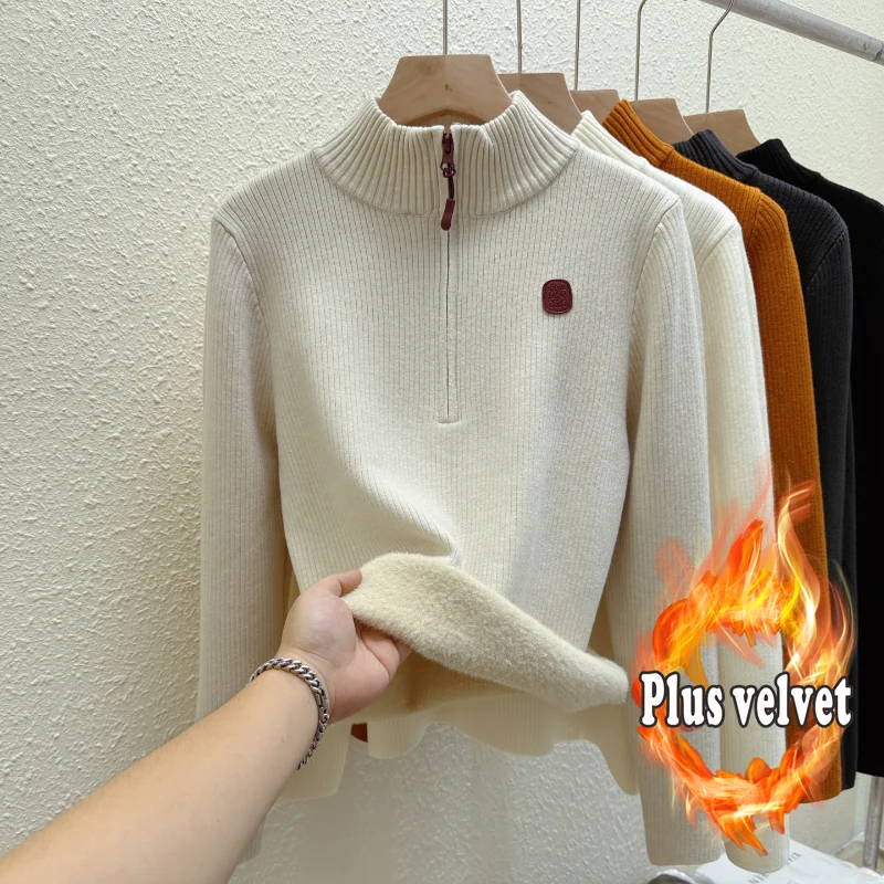 

Цельный флисовый свитер с полуводолазкой на молнии для женщин, рубашка на утолщенной основе, новый осенне-зимний вязаный топ, пуловер